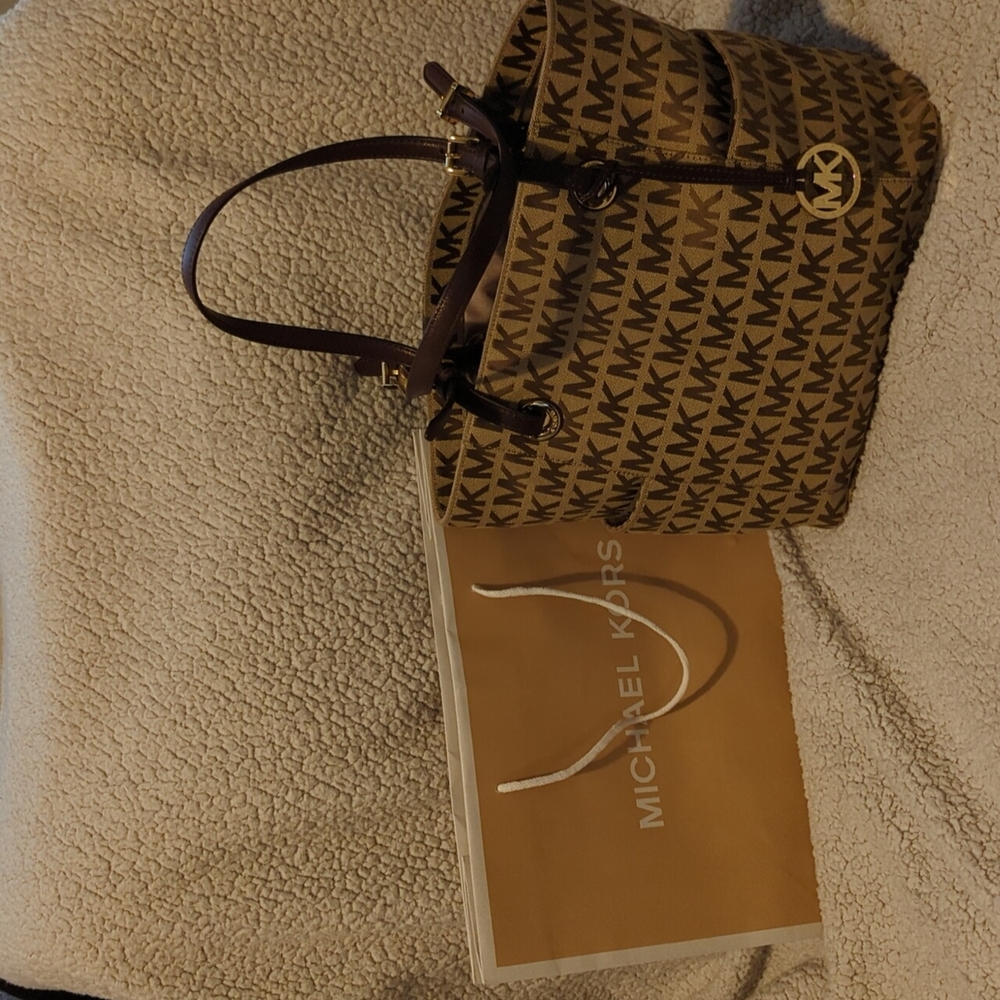 MICHAEL KORS jet set logo leather and canvas tote/bag/purse in brown/tan/gold